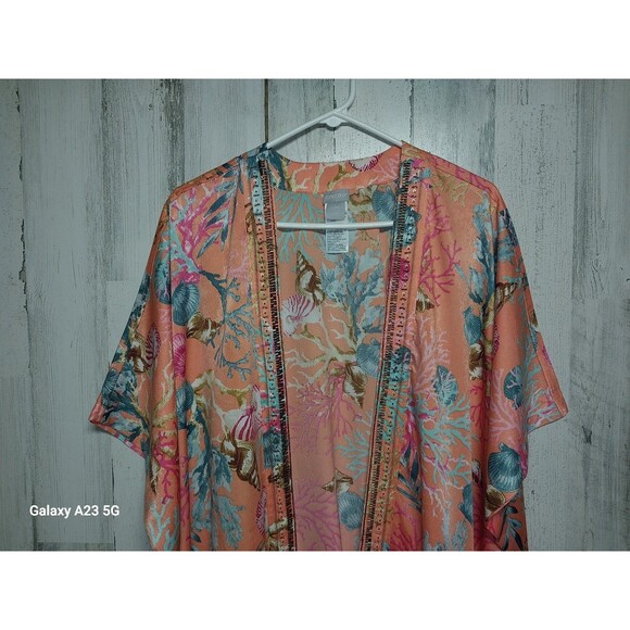 CHICO'S Orange Satin Coral Reef Seashell Print Kimono Top Beaded Trim Sz L/XL - Picture 3 of 6